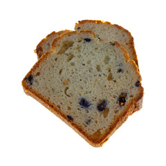 Slices of fresh blueberry cream cake on a white background.