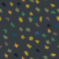 Modern vector seamless pattern with hand drawn colorful dandelion seeds on gray background.