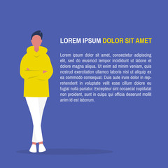 Lorem ipsum template. Young male character standing with arms crossed. Layout. Your text here. Flat editable vector illustration, clip art