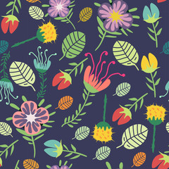 Cartoon colorful flowers, branches and leaves on purple background. Vector seamless pattern.