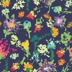 Abstract floral pattern with colorful flowers on purple background.