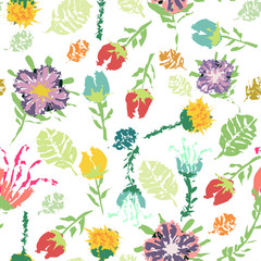Bright vector seamless pattern with hand drawn flowers on white background. 