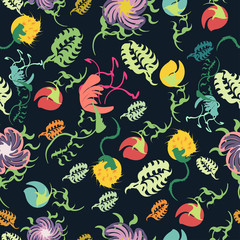 Floral vector repeating pattern with cartoon flowers and leaves on dark background.