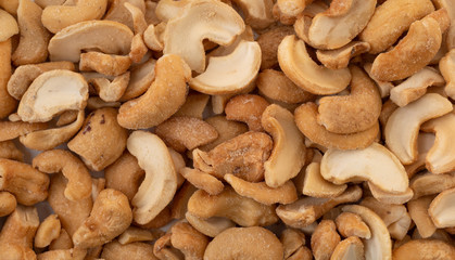 Roasted and salted cashews top close view.