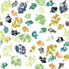 Abstract freehand drawn leaves of various colors on bright background. Vector seamless pattern.
