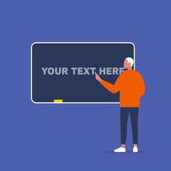 Young male character drawing on a chalkboard