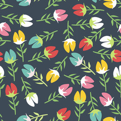 Vector seamless floral pattern with hand drawn colorful tulips on dark backg
