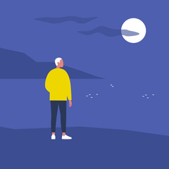Late night walk. Nature. Moonlight. Travel. Solitude. Flat editable vector illustration, clip art. Young male character looking at water