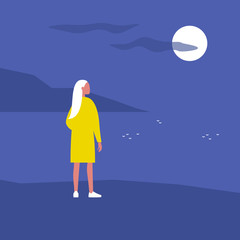 Late night walk. Nature. Moonlight. Travel. Solitude. Flat editable vector illustration, clip art. Young female character looking at water
