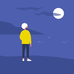 Late night walk. Nature. Moonlight. Travel. Solitude. Flat editable vector illustration, clip art. Young indian male character looking at water