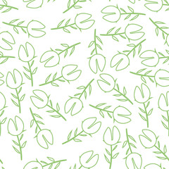 Vector repeating hand drawn pattern with green leaves and flowers on white background.