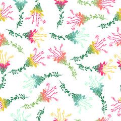 Vector repeating floral pattern with cartoon colorful flowers on white background.