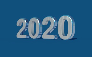 Happy new year 2020. Silver numbers on a blue background, 3d render. Design of greeting card.
