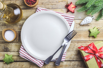 Rustic christmas table setting from above.