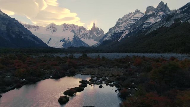 Aerial panoramic drone footage of Mount Cerro Torre, showcasing the beautiful Patagonia landscape