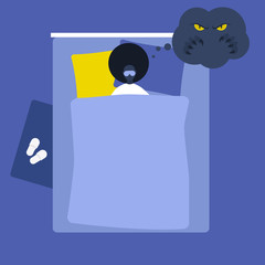 Nightmare. Young black female character sleeping in bed, Night time. Monster. Stress. Modern lifestyle. Flat editable vector illustration, clip art