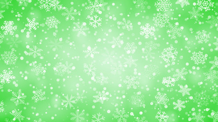Christmas background of snowflakes of different shapes, sizes and transparency in green colors