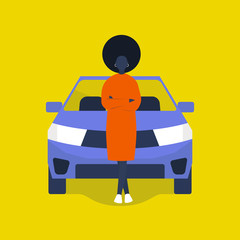 Young black female driver standing in front of a SUV car. Millennial lifestyle. Road trip. Flat editable vector illustration, clip art