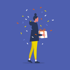 Young female character holding a gift box. A Birthday party. Anniversary. Celebration. Flat editable vector illustration, clip art