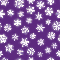 Fototapeta na wymiar Christmas seamless pattern of white snowflakes of different shapes on purple background