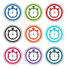 Stopwatch icon flat round buttons set illustration design