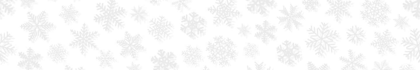 Christmas horizontal seamless banner of snowflakes of different shapes and sizes with shadows. Gray on white