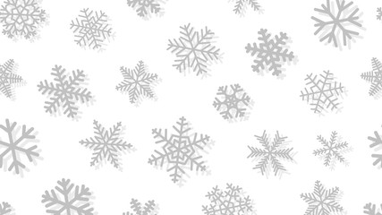Christmas background of snowflakes of different shapes and sizes with shadows. Gray on white