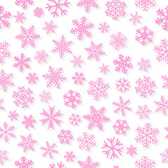 Christmas seamless pattern of snowflakes, pink on white background
