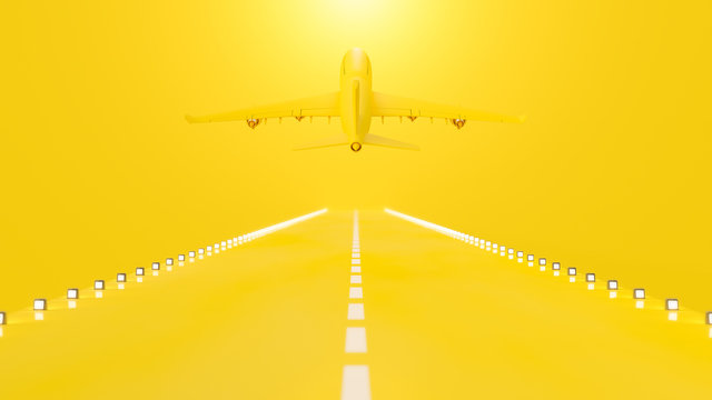 Yellow Plane Flying On The Runway.