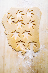preparing some cookies with marijuana without tbc and shape of the leaf of marijuana, top view, flatlay composition