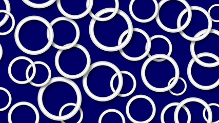 Abstract illustration of randomly arranged white rings with soft shadows on blue background