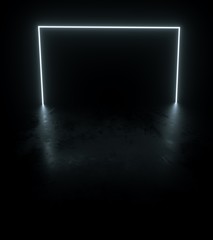 3d render geometric neon box shapes  with black glossy stone floor ground - illustration