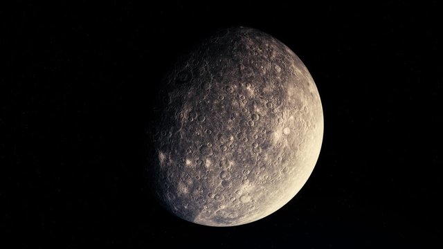 Abstract Mimas satellite, Saturn's moon moving in the universe under the light, cosmos concept. Animation. Grey beautiful sphere spinning with one of its sides remaining in shadow.