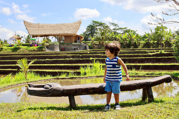 A cute little kid posing in front of the camera with the rice paddies close to Campuhan ridge walk on background, Ubud, Bali.