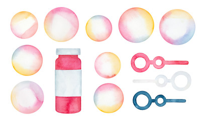 Naklejka premium Watercolour illustration pack of soap bubbles, little pink bottle and wands assortment. Symbol of summer toy, bath time, carnival, bubble party. Hand drawn water color painting on white background.