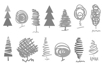 Monochrome trees and christmas trees on white. Objects of nature for polygraphy, posters, t-shirts and textiles. Black and white illustration