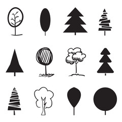 Monochrome trees on white. Set for artworks on isolated background. Geometric art. Objects for design. Black and white illustration