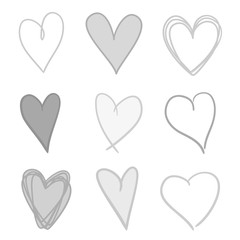 Hand drawn monochrome hearts on isolated white background. Set of love signs for design. Black and white illustration
