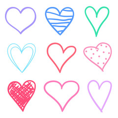 Colorful hearts on isolated white background. Hand drawn signs. Symbols for your design. Colored illustration