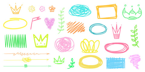 Colorful infographic elements isolated on white. Set of hand drawn multicolored signs. Line art. Colored illustration. Sketchy doodles for work
