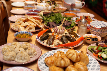 Table served with Middle Eastern dishes