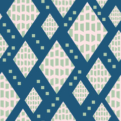 Mid century inspired seamless pattern with diamond shapes, small squares and bold texture. For textiles, graphic design, fashion, home decor and paper uses. Fun beatnik hipster vibe. Vector.