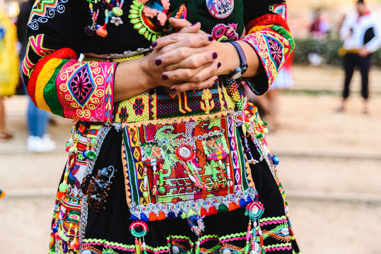 Detail of the colorful embroidery of a typical costume from the Andean folklore of Bolivia to dance the Tinku.