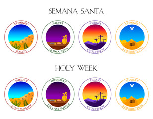 Holy Week icons pack, spanish and english version, vector illustration.