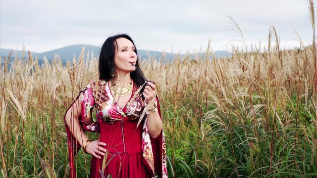 Portrait of attractive gipsy woman in colorful dress smoking pipe and enjoying the view of field with high grass. Summer