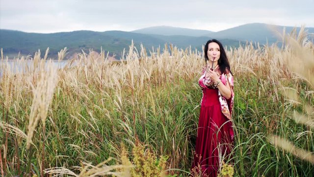 Attractive gipsy woman in colorful dress is smoking pipe with light smile in the field with high grass. Summer