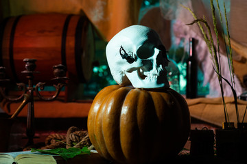 Skull with bug. Horror at old wooden home. Halloween decor against a white dark wooden background. Preparation Halloween holidays. Pumpkin with skull.