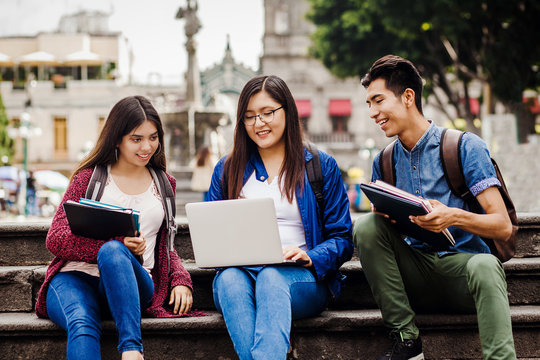 latin students or hispanic group of friends in Mexico, Mexican young people.