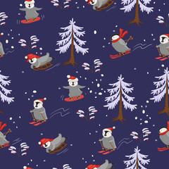 Skiers penguins seamless pattern. Print for wrapping paper or fabric.
