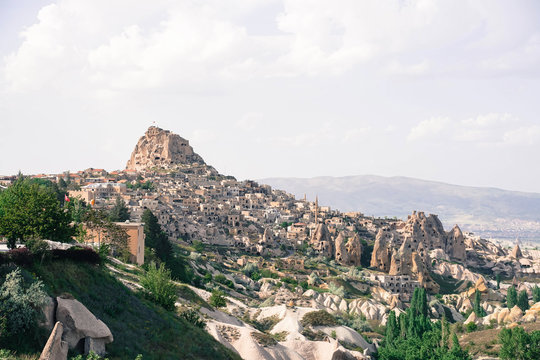 pigeon valley with uchisar castle, cappadocia, goreme, turkey